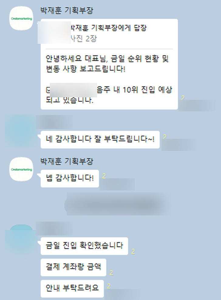 매일 순위를 재서 보고한 카카오톡 대화 (상호·날짜 가림)