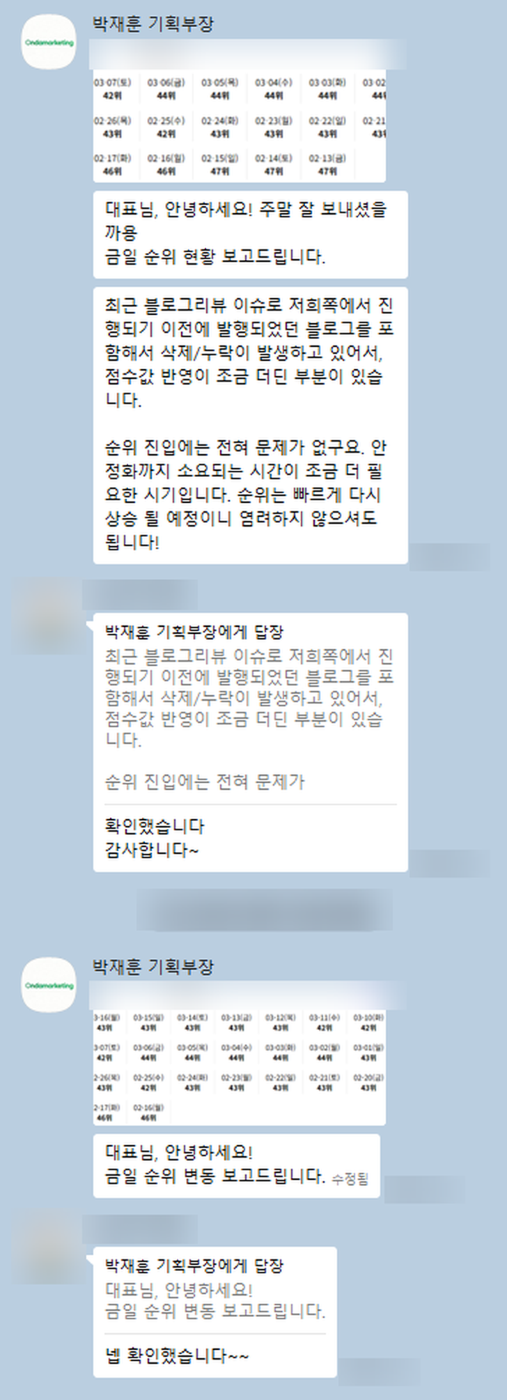 순위가 흔들린 이유를 설명한 순위 리포트 카카오톡 대화 (상호·플레이스 번호 가림)